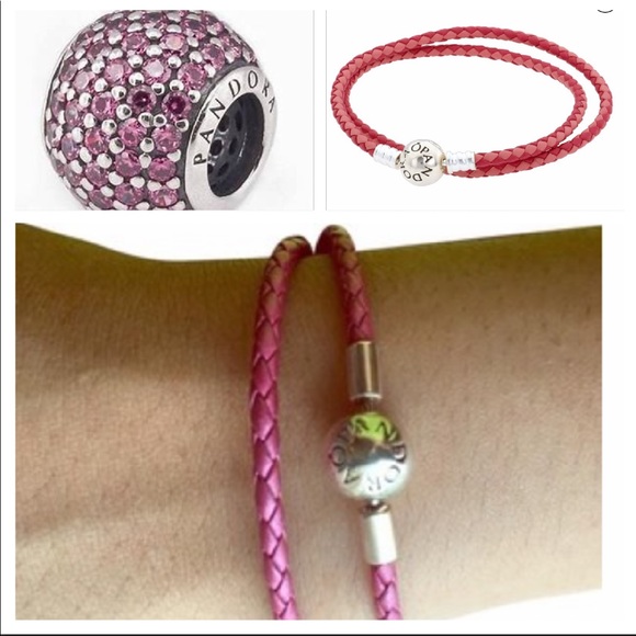 PANDORA Pink leather and Crystal pave ball charm set - Picture 1 of 10